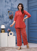 Printed Pure Cotton Tunics Top With Palazzo - Co-ord Set for Women | Red