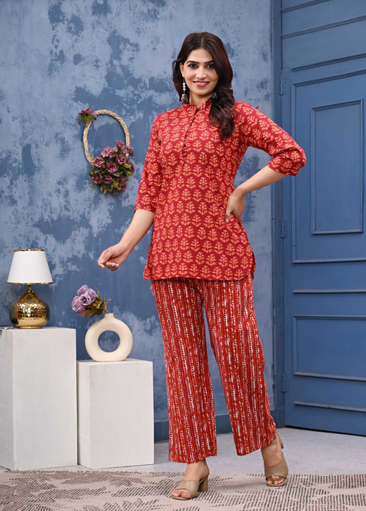 Printed Pure Cotton Tunics Top With Palazzo - Co-ord Set for Women | Red