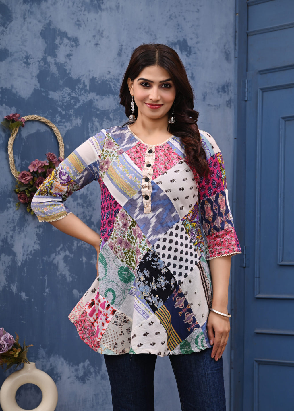 Floral Print Patch Work Cotton A-Line Top