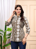 Women Printed Cotton Mandarin Collar Shirt Style Top | Brown