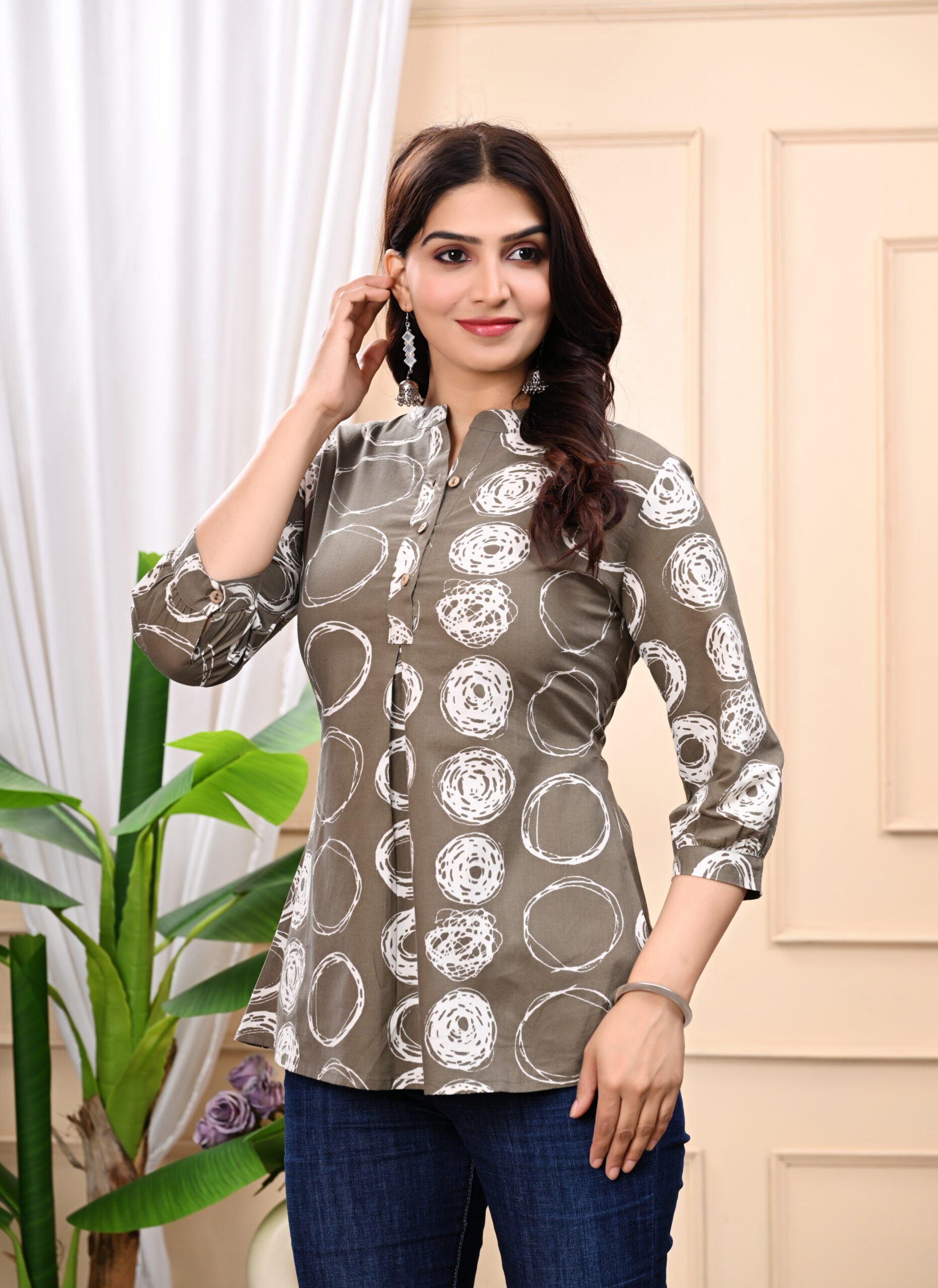 Women Printed Cotton Mandarin Collar Shirt Style Top | Brown