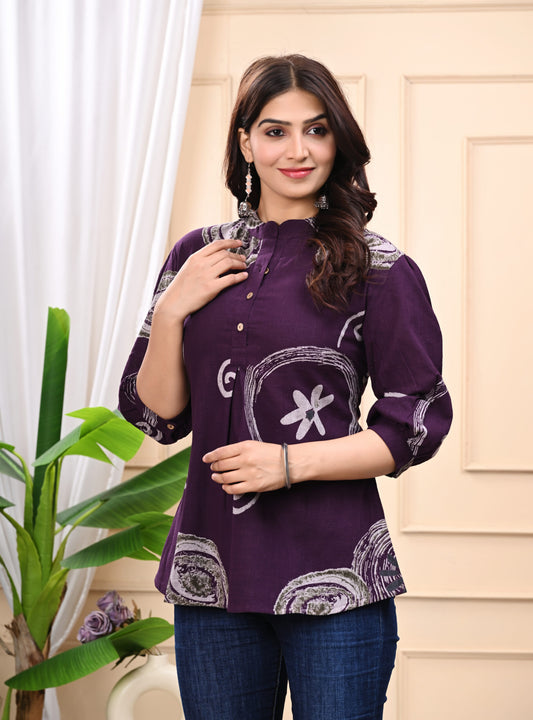 Women Printed Cotton Mandarin Collar Shirt Style Top | Wine