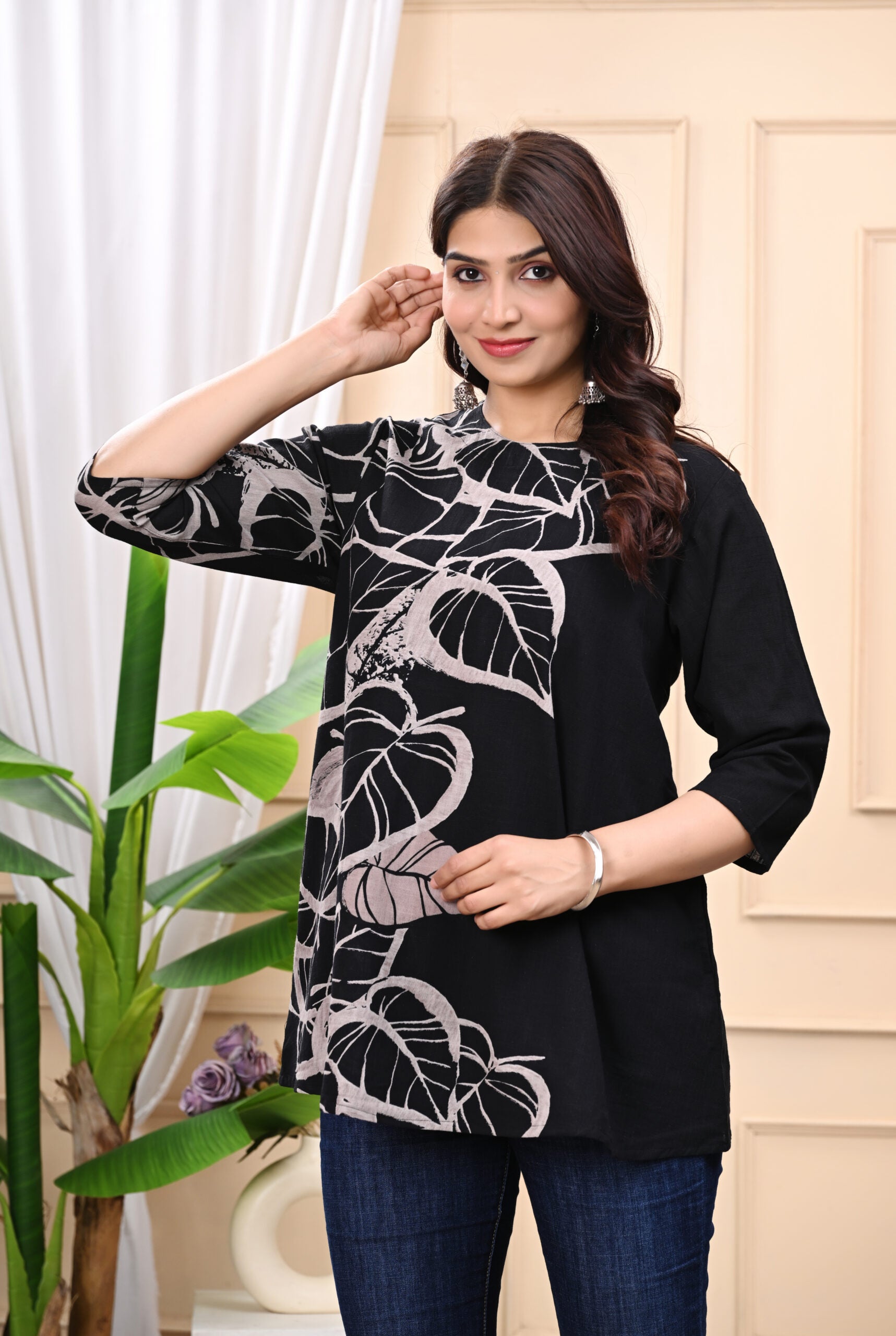 Stylish & Comfortable V-Neck Cotton Tops for Women | Floral Black