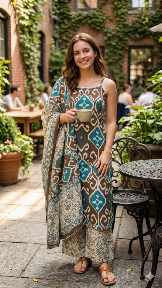 Brown & Teal Printed Strappy Kurta with Palazzo & Dupatta Set