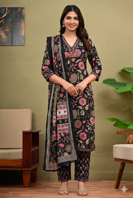 Floral Printed Pure Cotton Kurta with Trousers & Dupatta