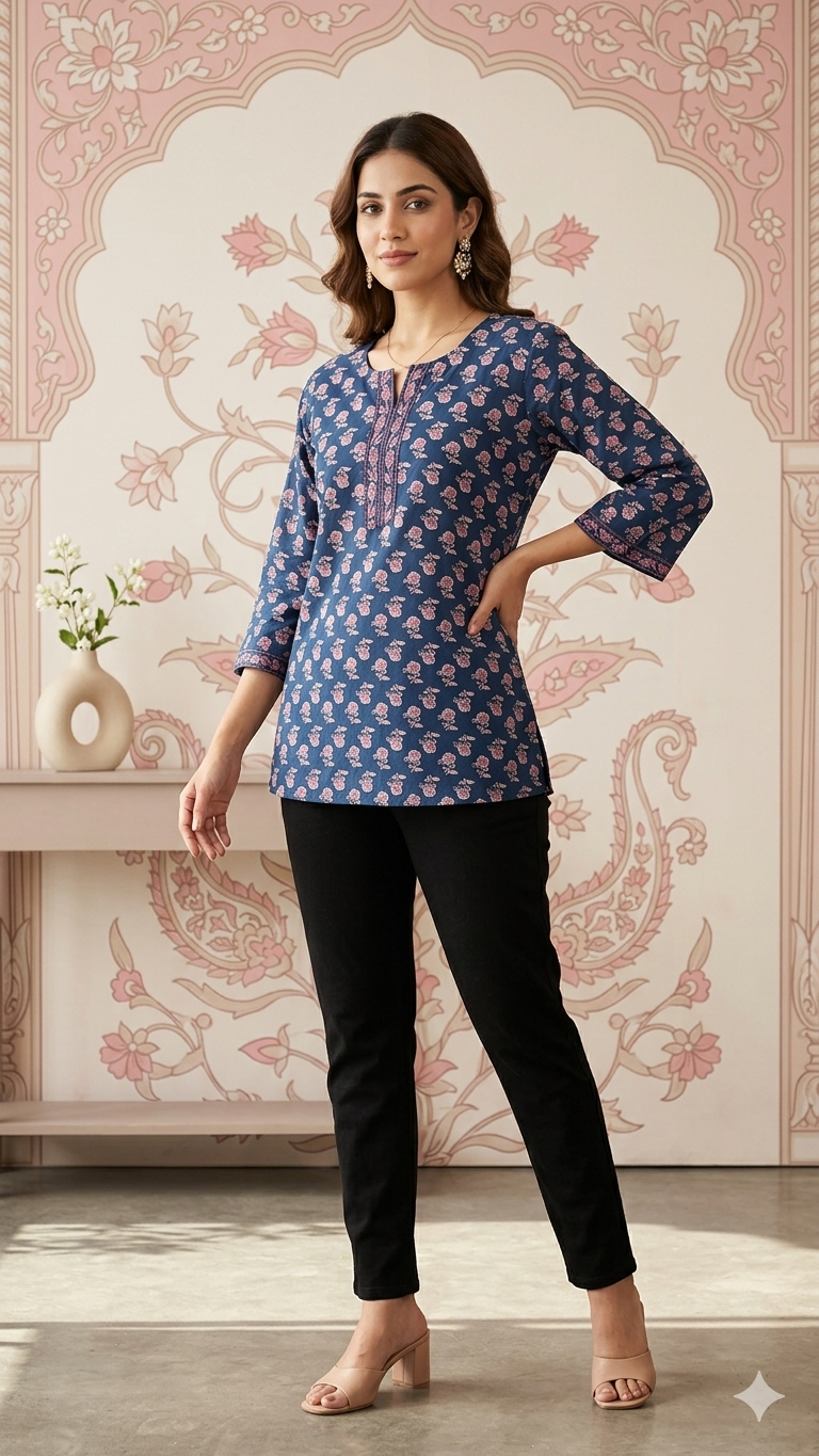 Women Printed Floral Print Cotton Top | Blue
