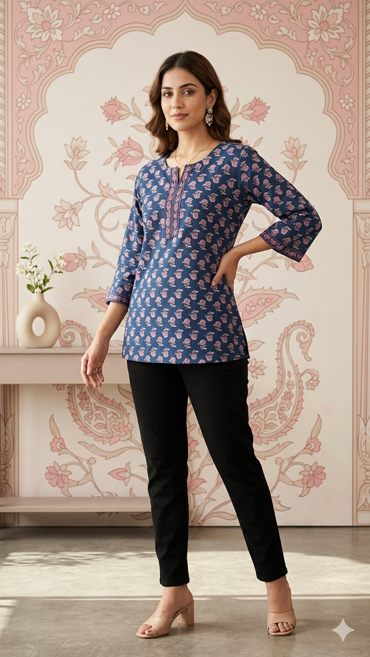 Women Printed Floral Print Cotton Top | Blue