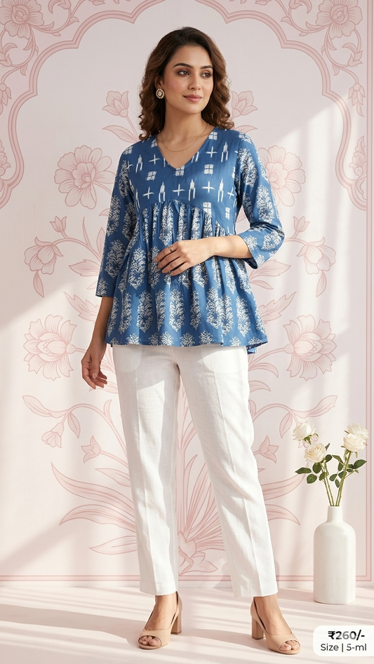 Women Printed Print Ethnic Cotton Top | Blue