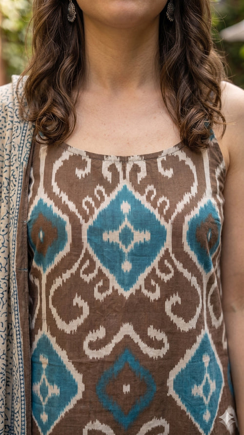 Brown & Teal Printed Strappy Kurta with Palazzo & Dupatta Set
