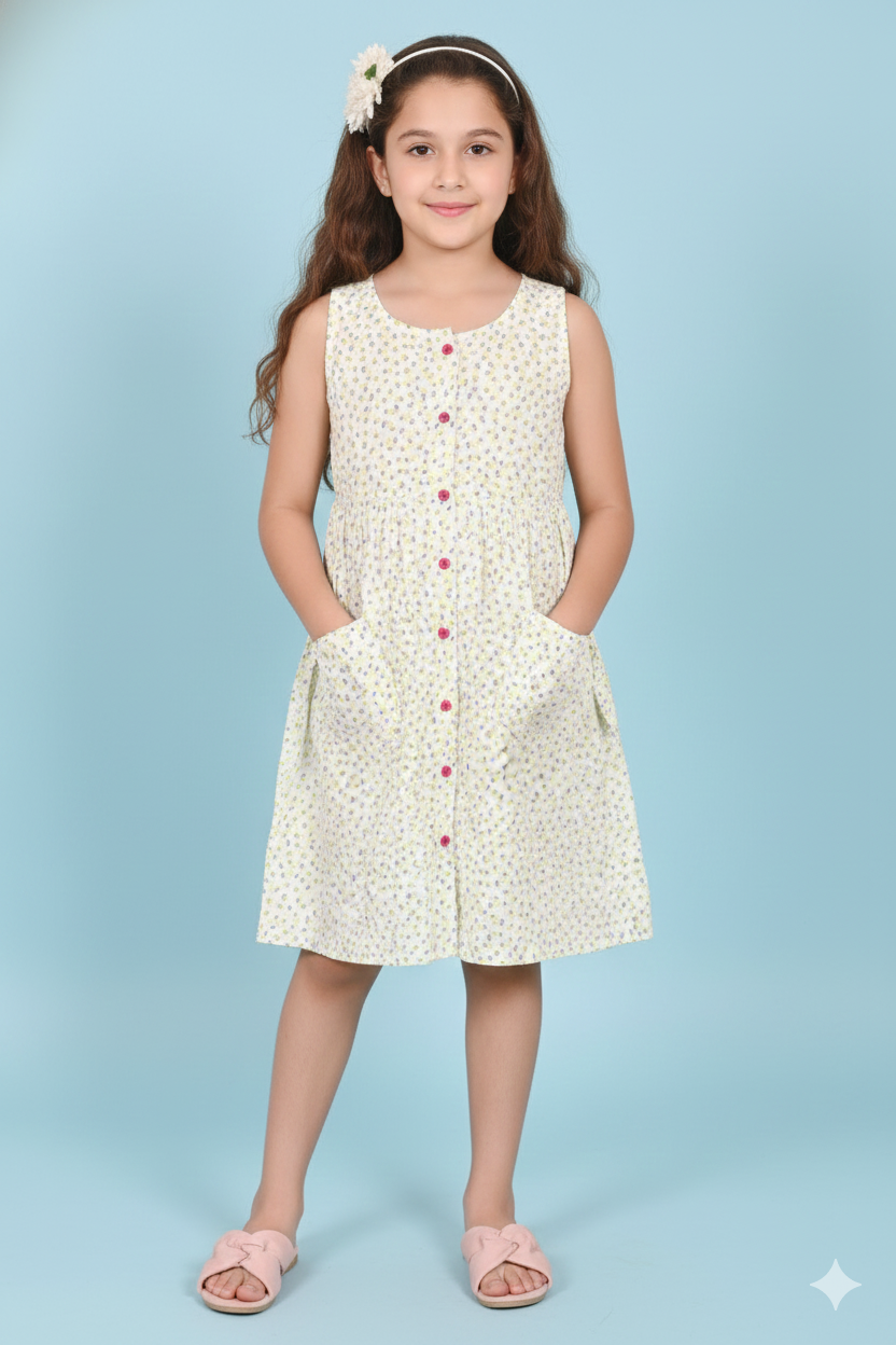 Kids Cotton Long Frocks for Kids Girls | Printed Green