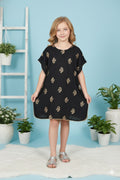 Kids Printed Kaftan Kurti Kids Dress for Girls - Rayon Black