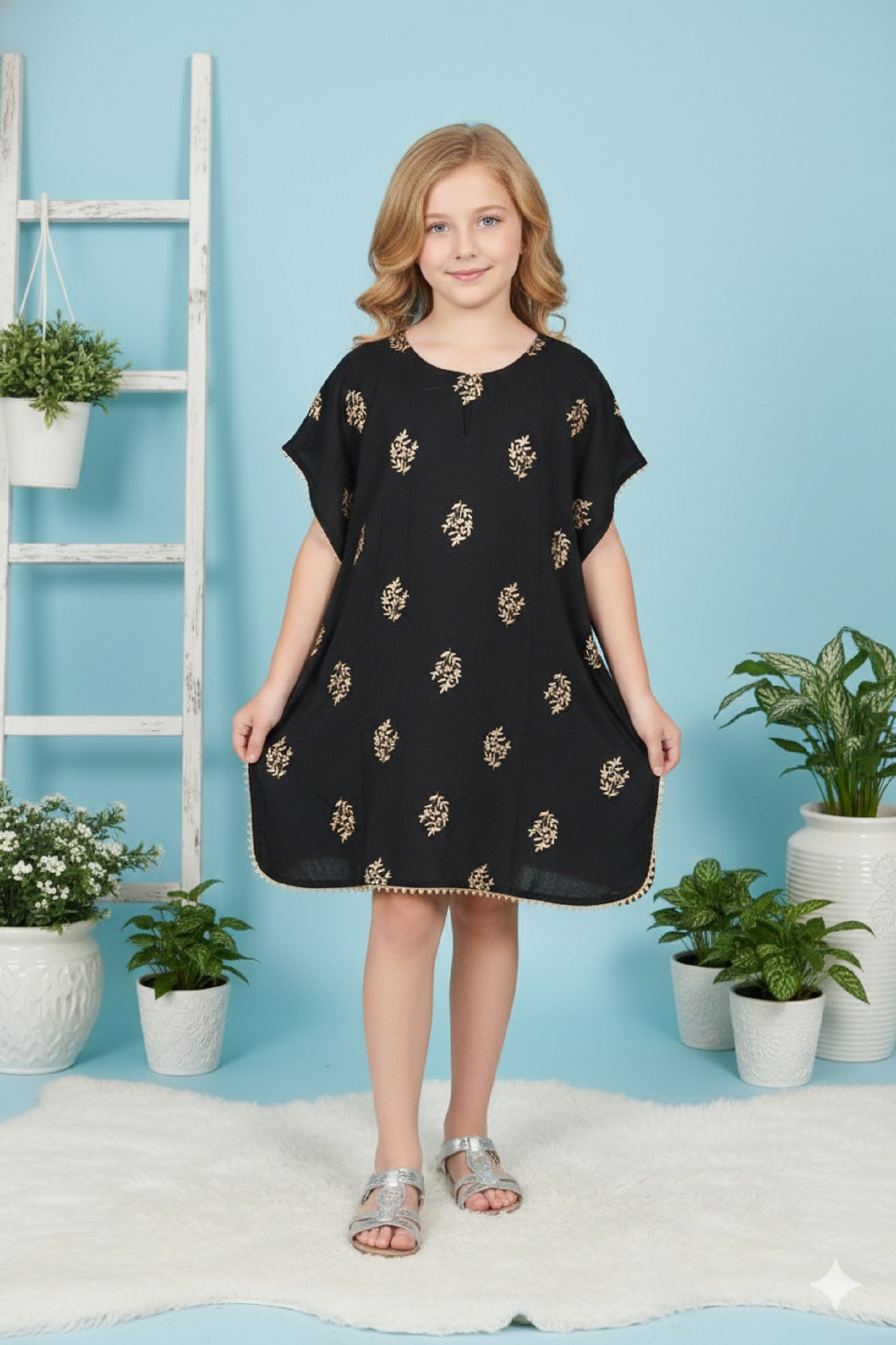 Kids Printed Kaftan Kurti Kids Dress for Girls - Rayon Black