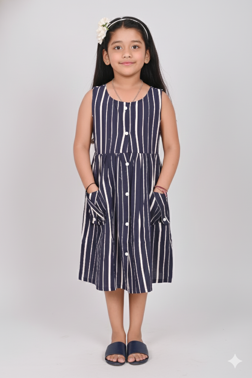 Cotton Long Frocks for Kids Girls | Dark Blue Stripes
