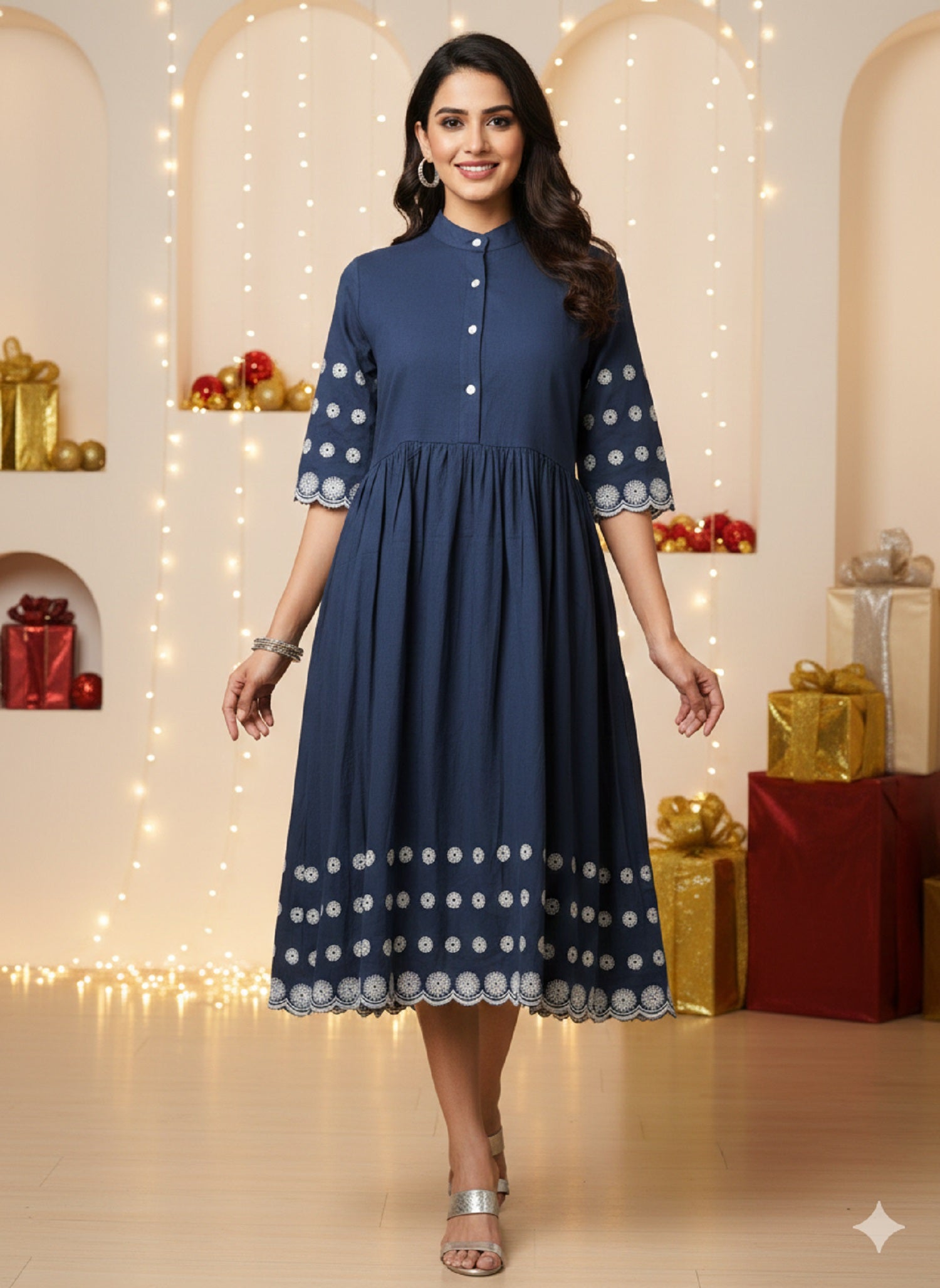 Embroidered Fit & Flare Midi Dress for Women - Blue