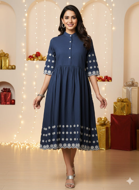 Embroidered Fit & Flare Midi Dress for Women - Blue