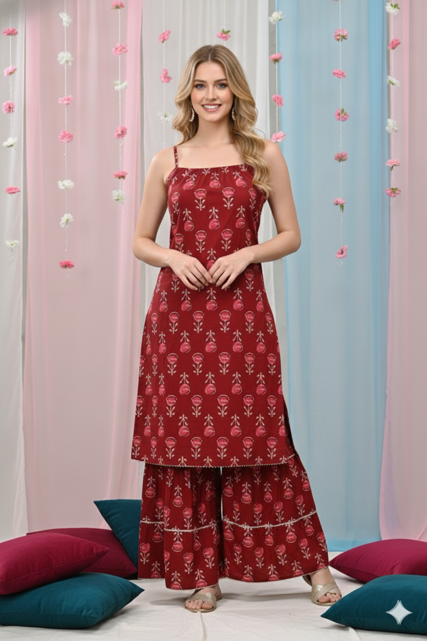 Women Pure Cotton Woman Kurta Sharara Set | Maroon
