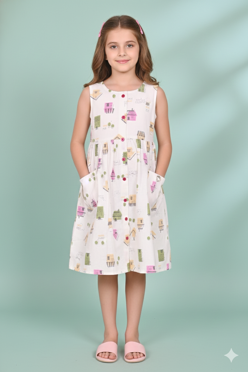 Kids Cotton Long Frocks for Kids Girls | Printed White