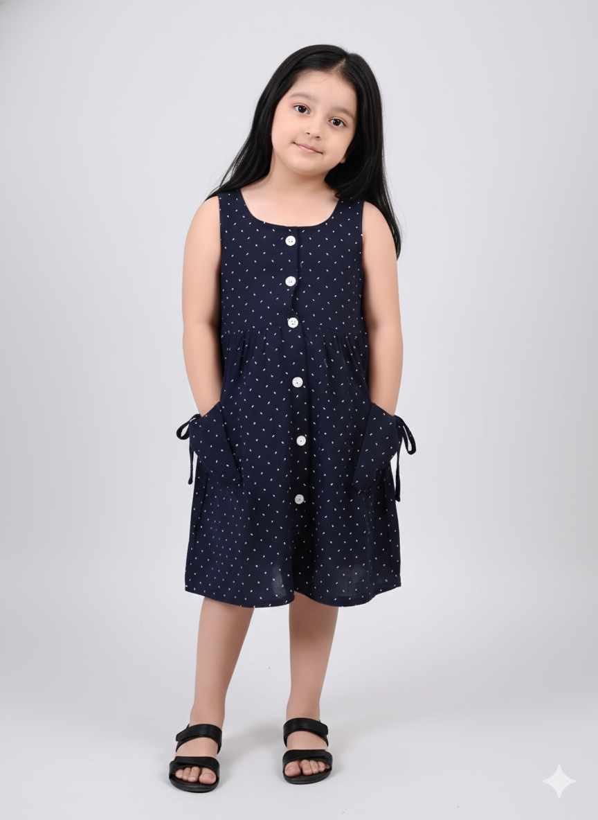 Cotton Long Frocks for Kids Girls | Dotted Navy
