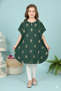 Printed Kaftan Kurti Kids Dress for Girls - Rayon Green