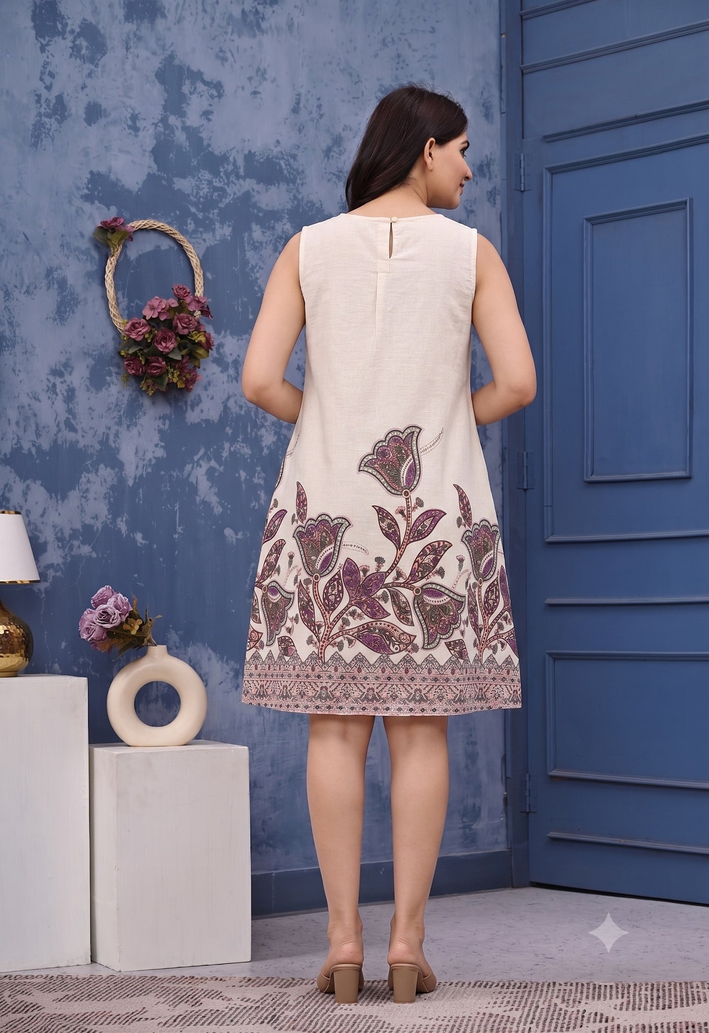 Women's Off-White Cotton Blend Printed Midi Dress