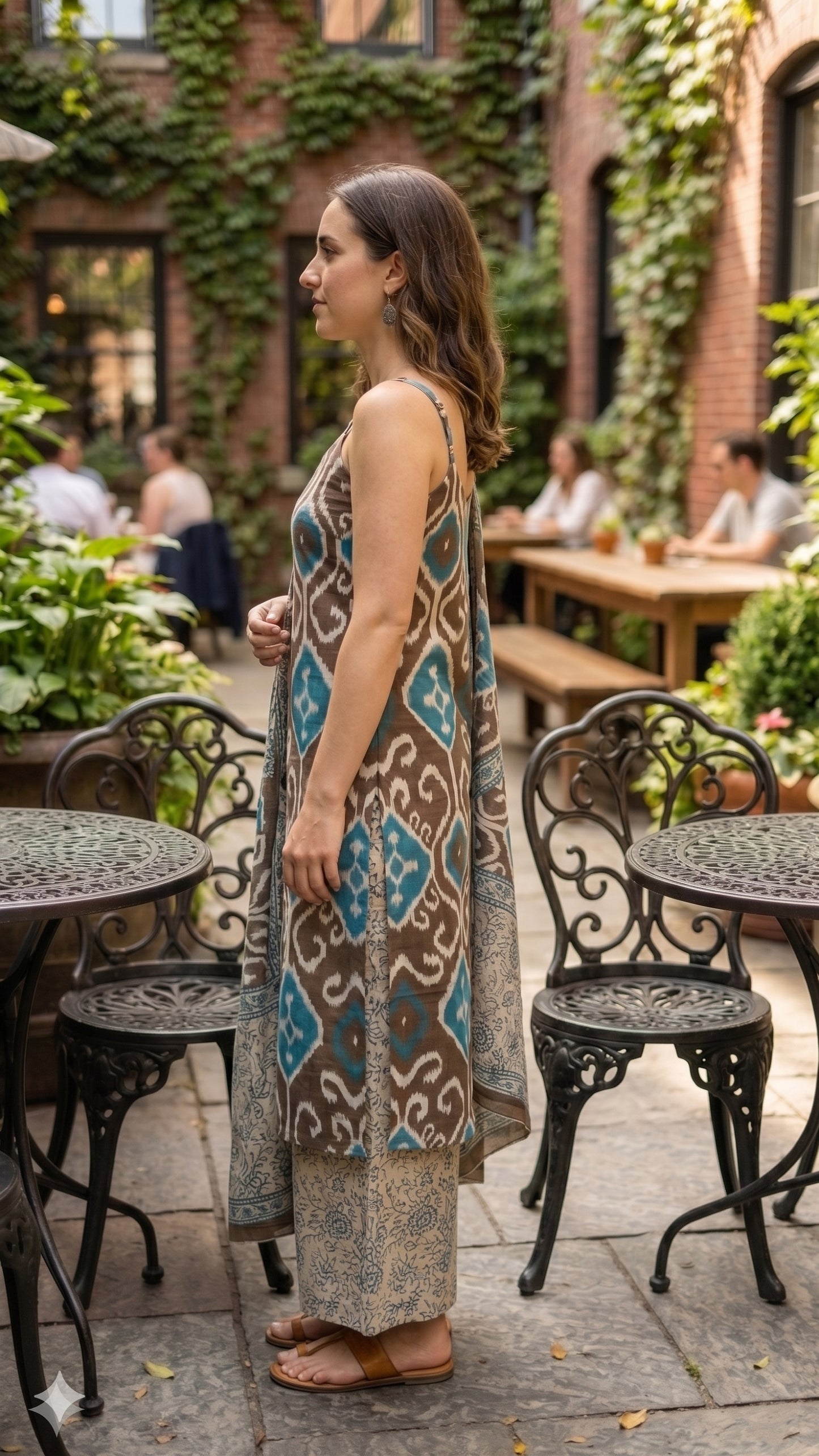 Brown & Teal Printed Strappy Kurta with Palazzo & Dupatta Set