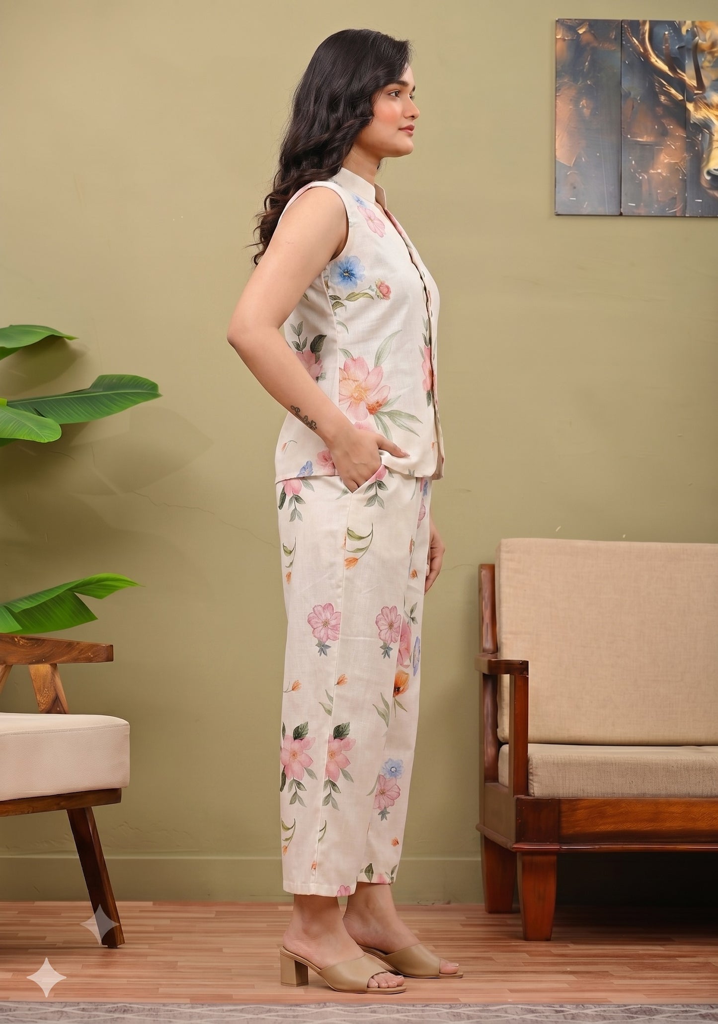 Women's Off-White Floral Printed Vest Co-ord Set