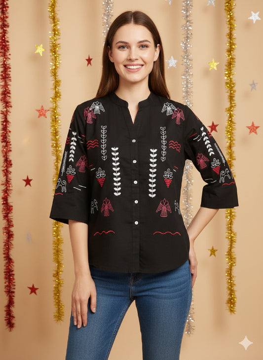 Printed Cotton Embroidery Mandarin Collar Shirt