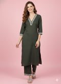 Women Ethnic Motifs Embroidered Regular Thread Work Kurta with Trousers | GREEN