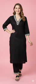 Women Ethnic Motifs Embroidered Regular Thread Work Kurta with Trousers | BLACK