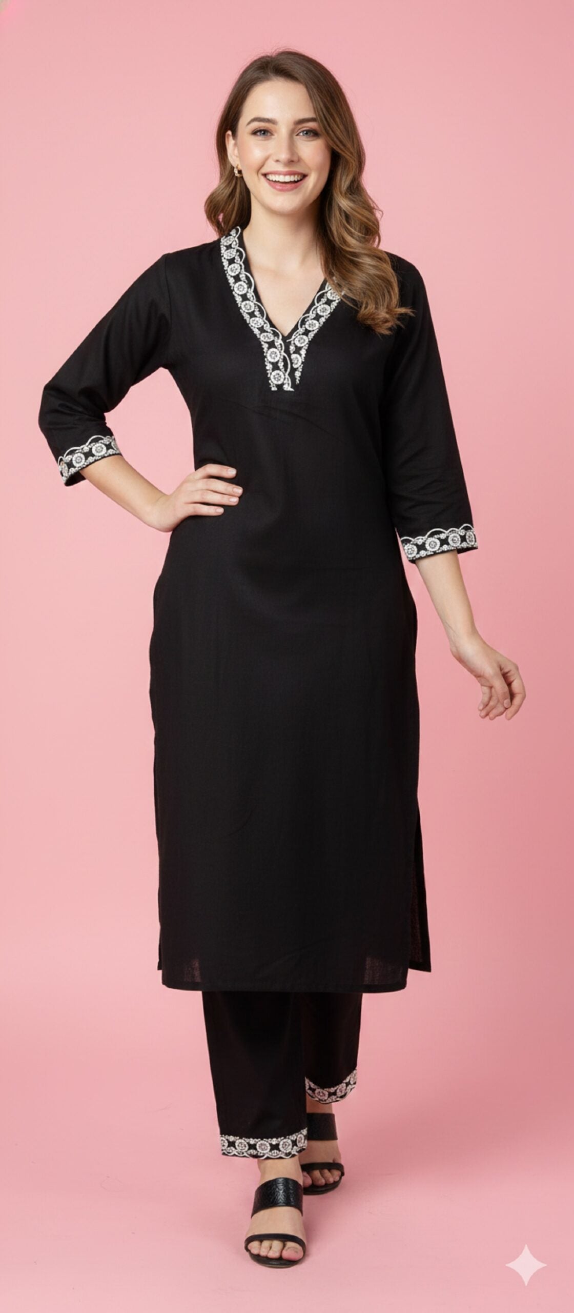 Women Ethnic Motifs Embroidered Regular Thread Work Kurta with Trousers | BLACK
