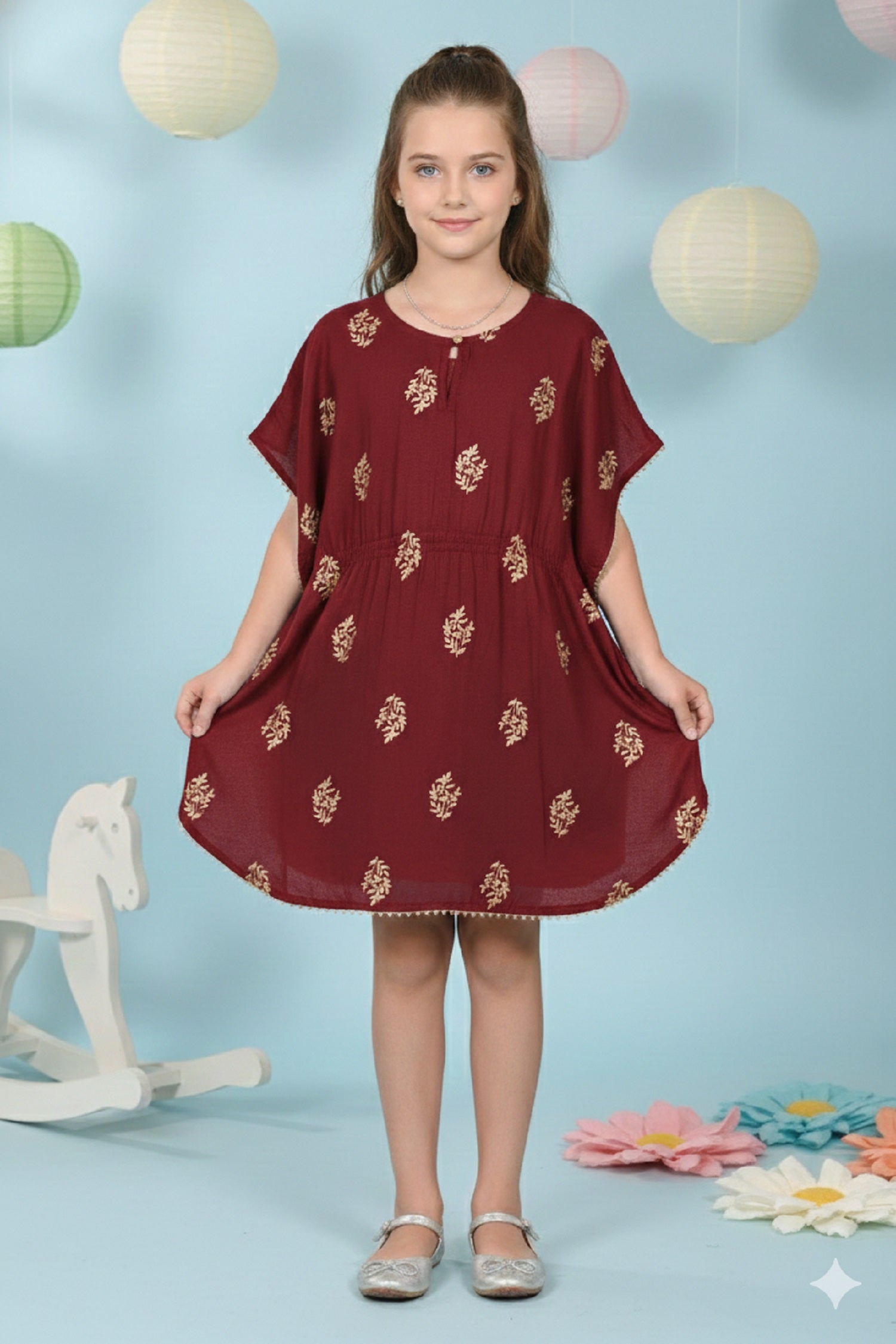 Printed Kaftan Kurti Kids Dress for Girls - Rayon Maroon