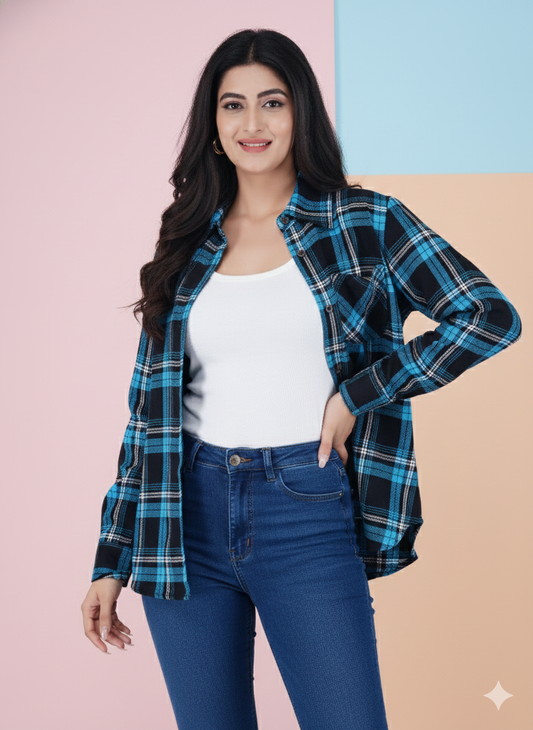 Women Cotton Formal Shirts for Women | Light Blue Checked