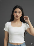Women's Cotton Ribbed Scoop Neck Crop Top | Slim Fit Half Sleeve Solid White Tee