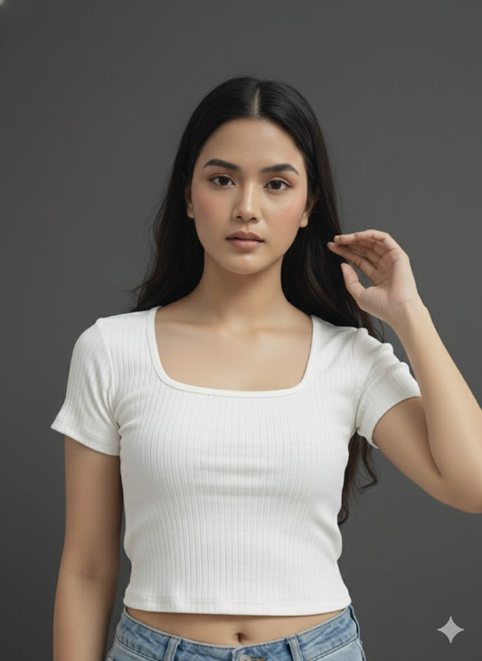 Cotton Ribbed Scoop Neck Crop Top