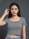Women's Cotton Ribbed Striped Scoop Neck Crop Top | Black & White Slim Fit Half Sleeve Tee