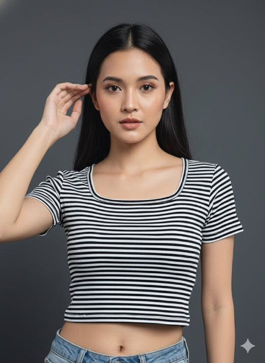 Women's Cotton Ribbed Striped Scoop Neck Crop Top | Black & White Slim Fit Half Sleeve Tee