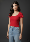 Women's Cotton Ribbed Scoop Neck Crop Top | Slim Fit Half Sleeve Solid Red Tee