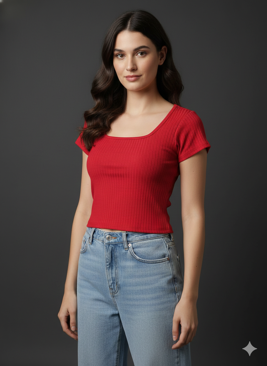 Women's Cotton Ribbed Scoop Neck Crop Top | Slim Fit Half Sleeve Solid Red Tee
