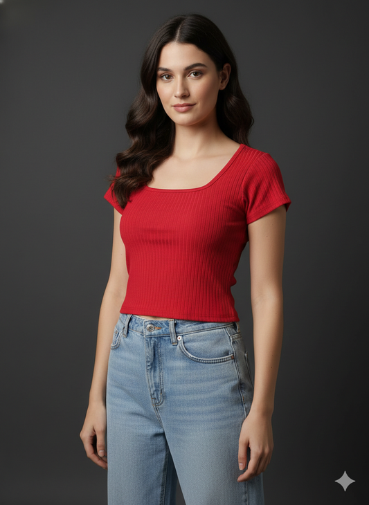 Women's Cotton Ribbed Scoop Neck Crop Top | Slim Fit Half Sleeve Solid Red Tee