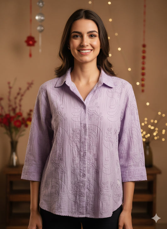 Cotton Formal Embroidery Shirts for Women | Purple