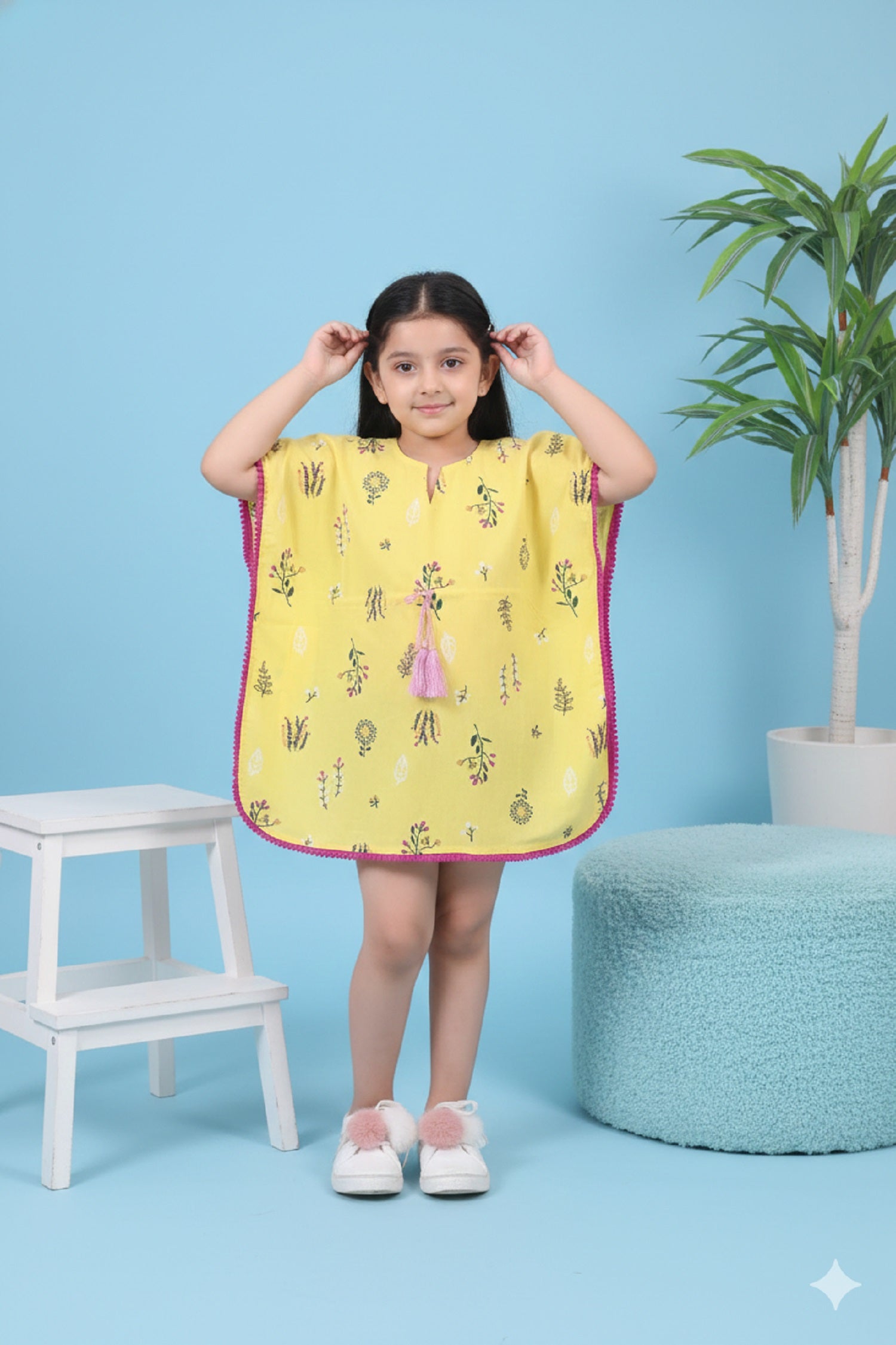 Kids Printed Kaftan Kurti Kids Dress for Girls - Cotton Yellow