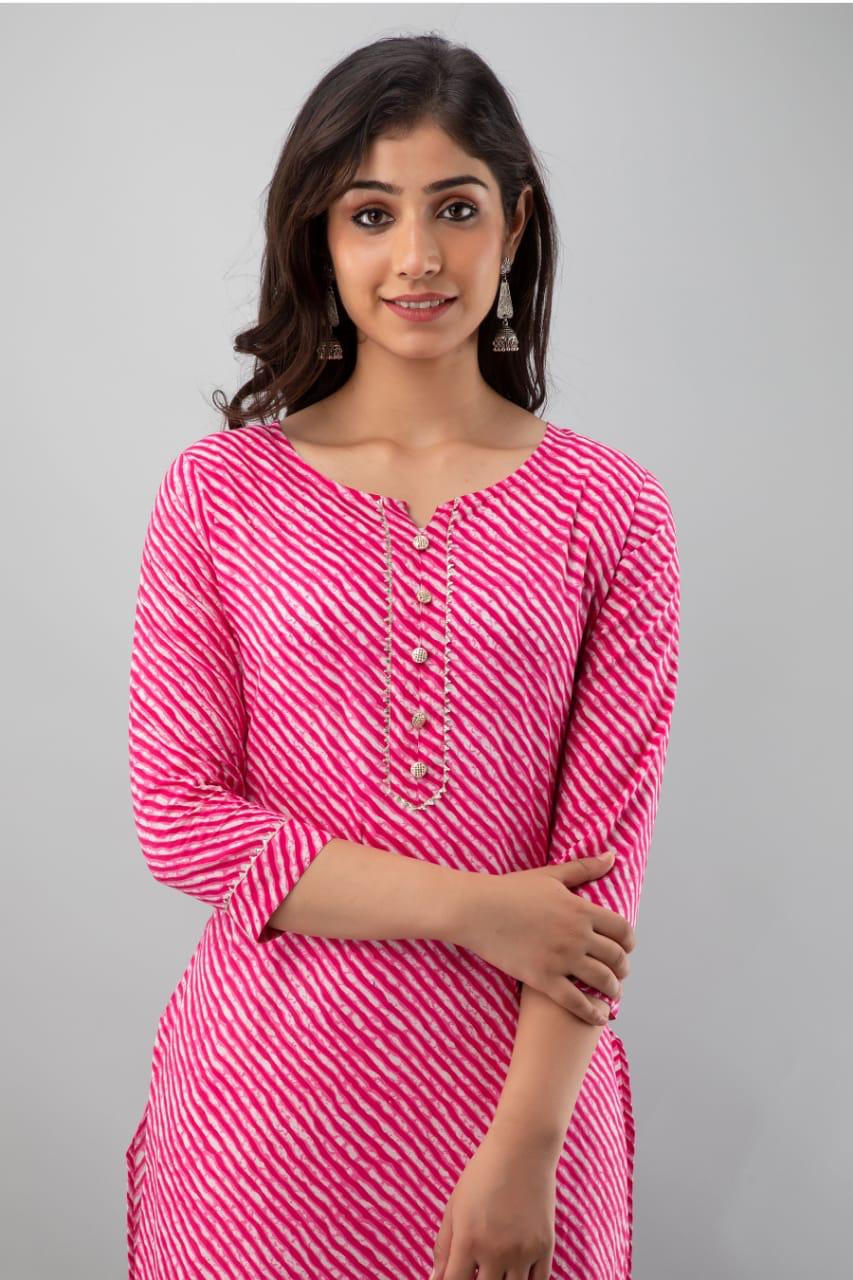 Cotton Rajasthani Leheriya Kurti | Pink