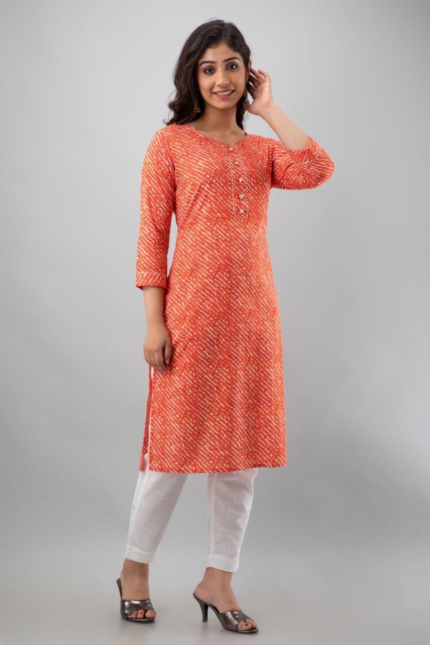 Cotton Rajasthani Leheriya Kurti | Orange