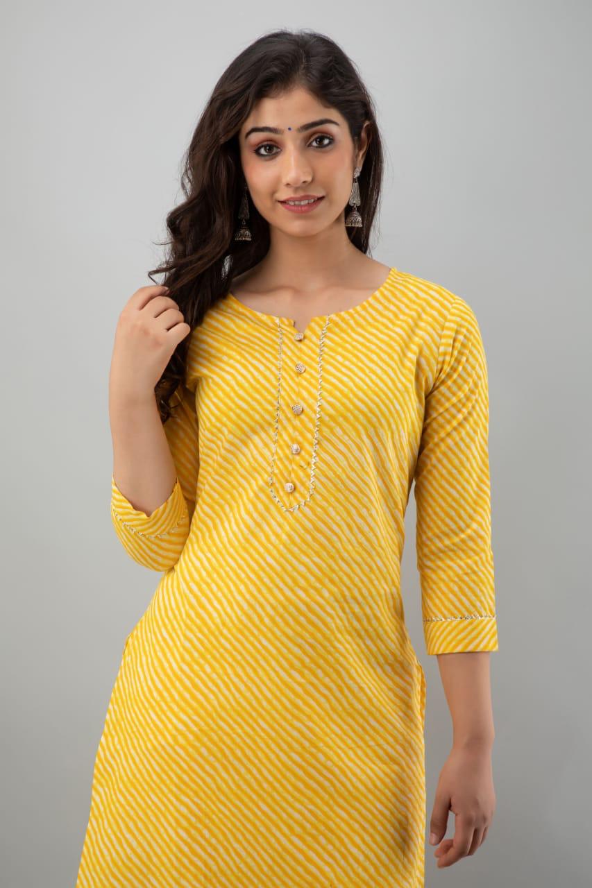 Cotton Rajasthani Leheriya Kurti | Yellow