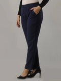 Women's Solid Navy Blue Cotton Trousers with Pockets | Comfort Fit Ankle Pants