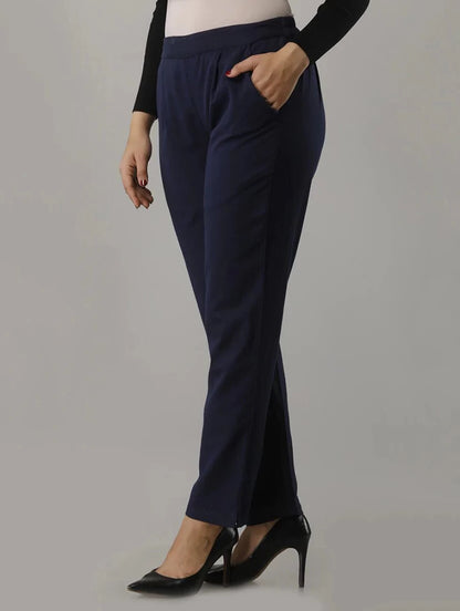 Women's Solid Navy Blue Cotton Trousers with Pockets