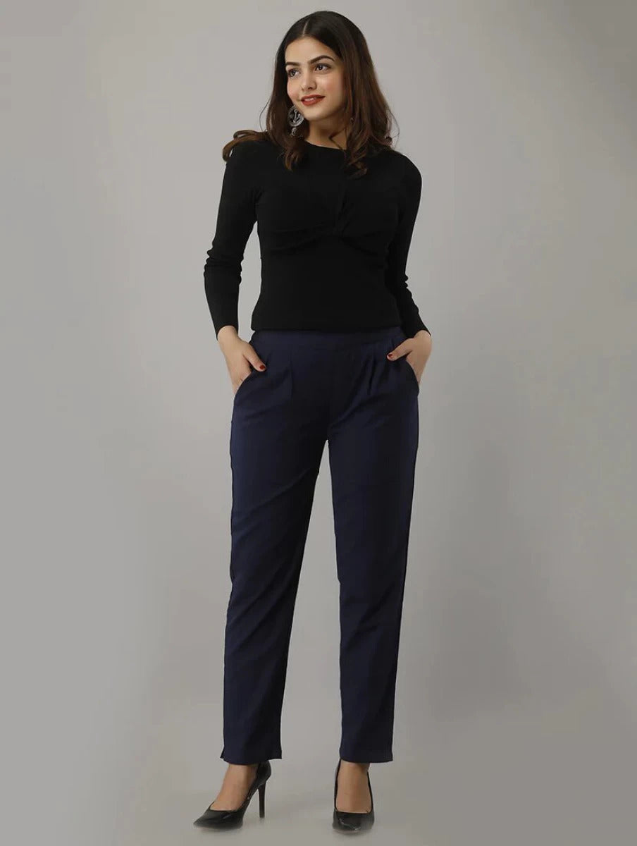 Women's Solid Navy Blue Cotton Trousers with Pockets