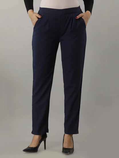 Women's Solid Navy Blue Cotton Trousers with Pockets