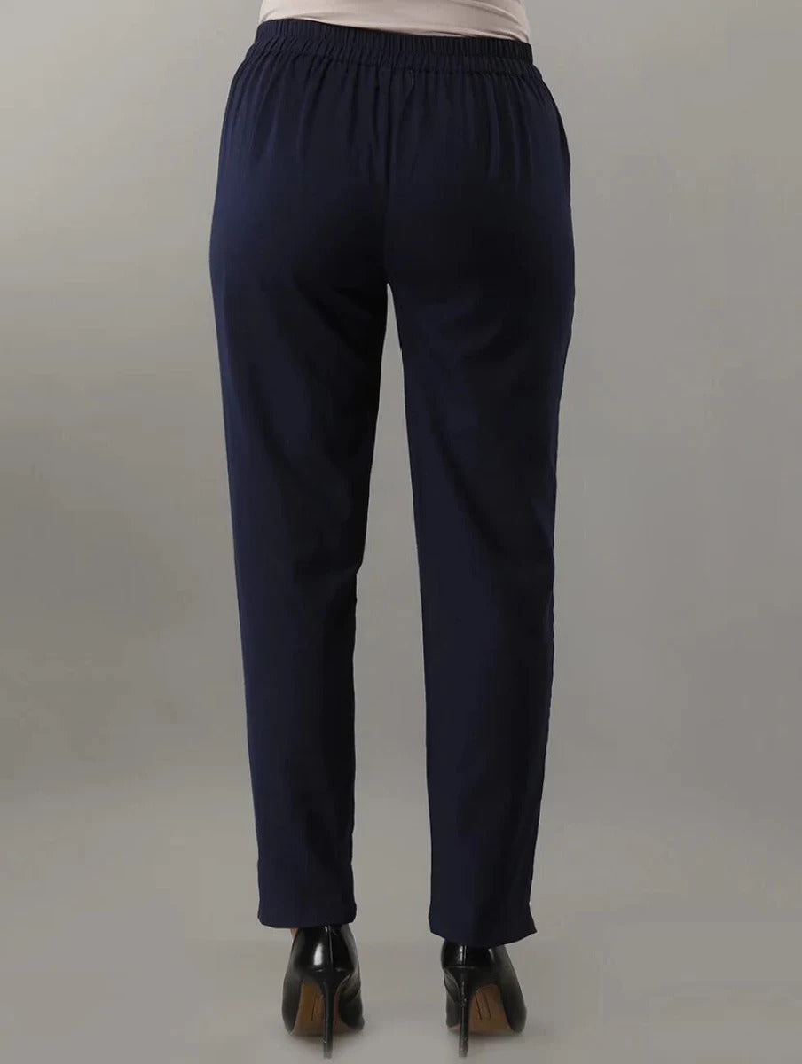 Women's Solid Navy Blue Cotton Trousers with Pockets