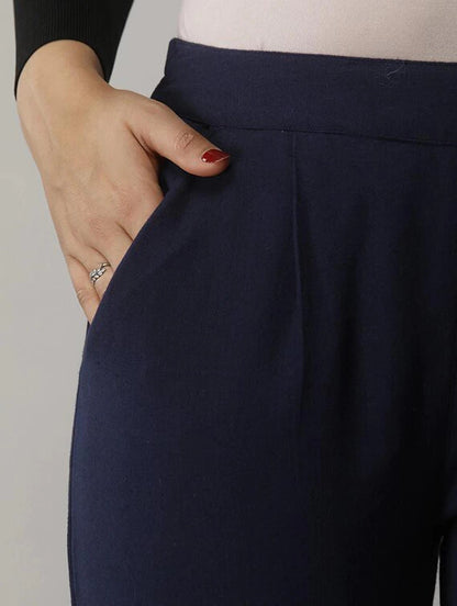 Women's Solid Navy Blue Cotton Trousers with Pockets
